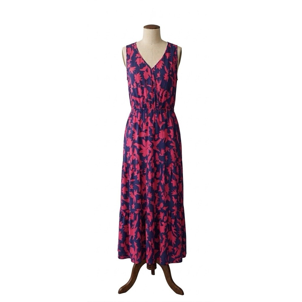 Floral Maxi Dress Size XL Navy Pink V-Neck Elastic Waist Summer Long Dress
